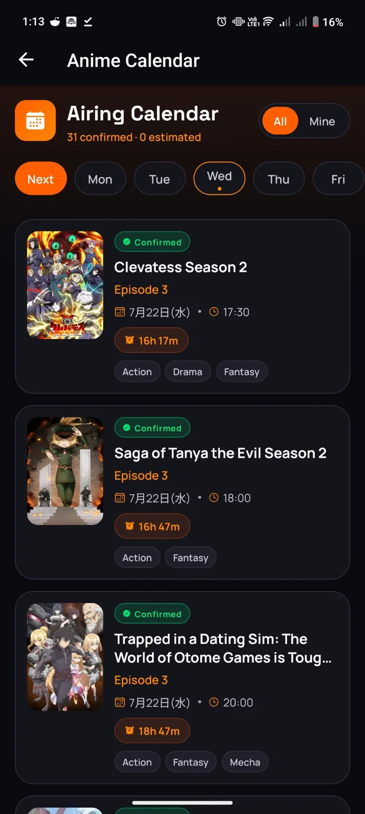 Airing calendar